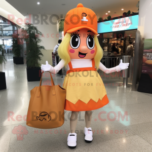 Peach French Fries mascot costume character dressed with a Mini Skirt and Tote bags