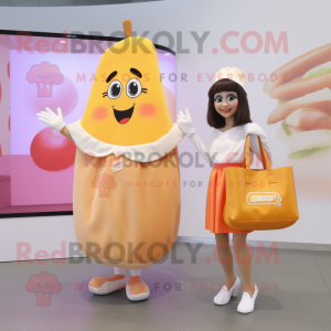 Peach French Fries mascot costume character dressed with a Mini Skirt and Tote bags