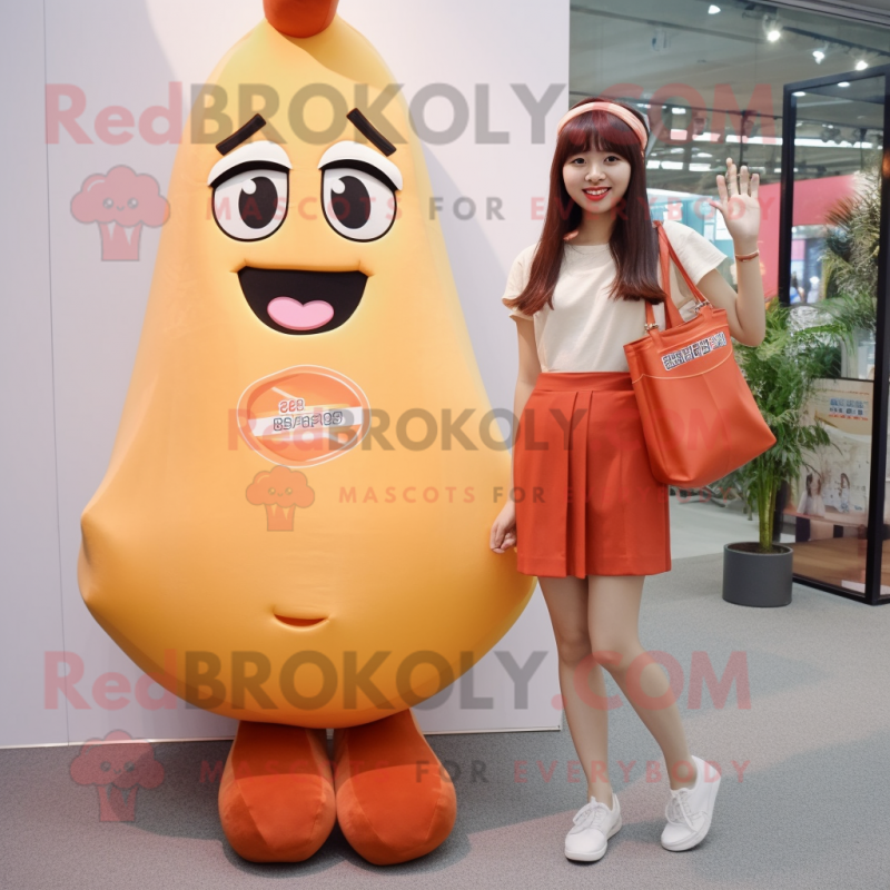 Peach French Fries mascot costume character dressed with a Mini Skirt and Tote bags Peach French Fries mascot costume character dressed with a Mini Skirt and Tote bags
