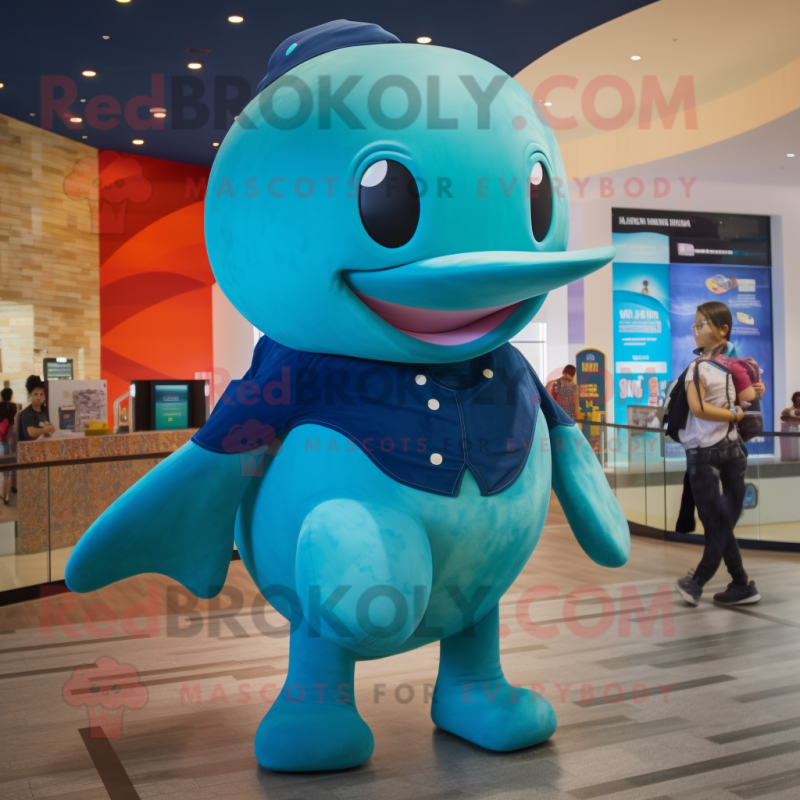 Teal Blue Whale mascot costume character dressed with a Graphic Tee and Brooches Teal Blue Whale mascot costume character dressed with a Graphic Tee and Brooches