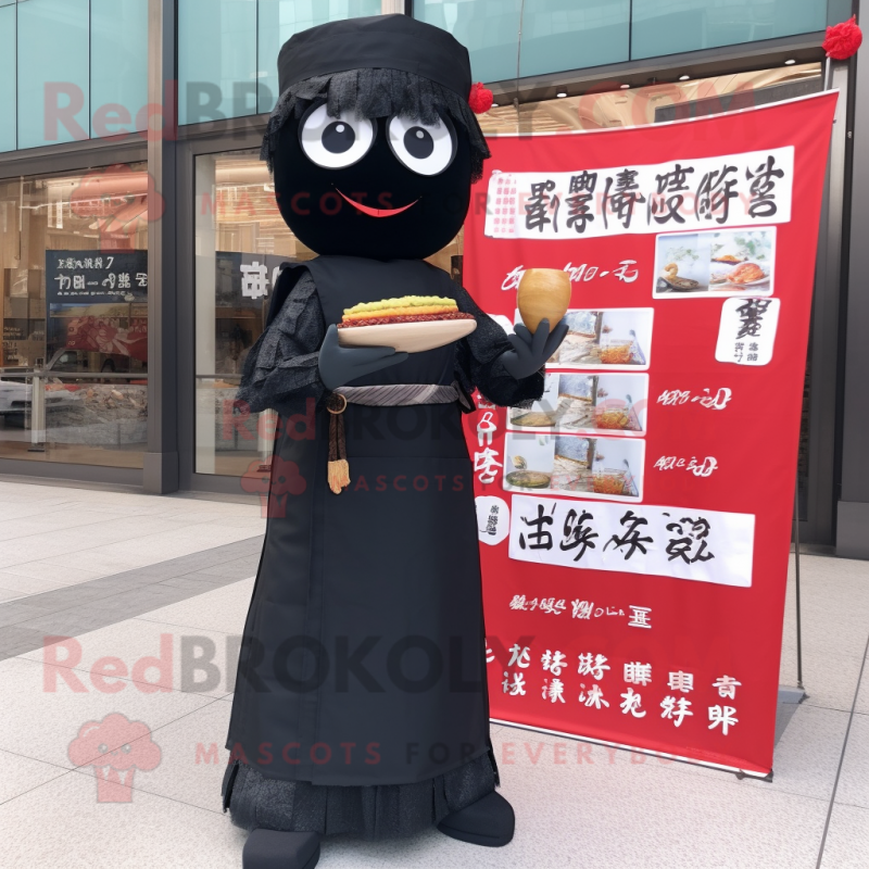 Black Ramen mascot costume character dressed with a Sheath Dress and Reading glasses