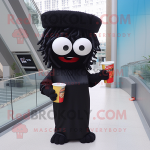 Black Ramen mascot costume character dressed with a Sheath Dress and Reading glasses
