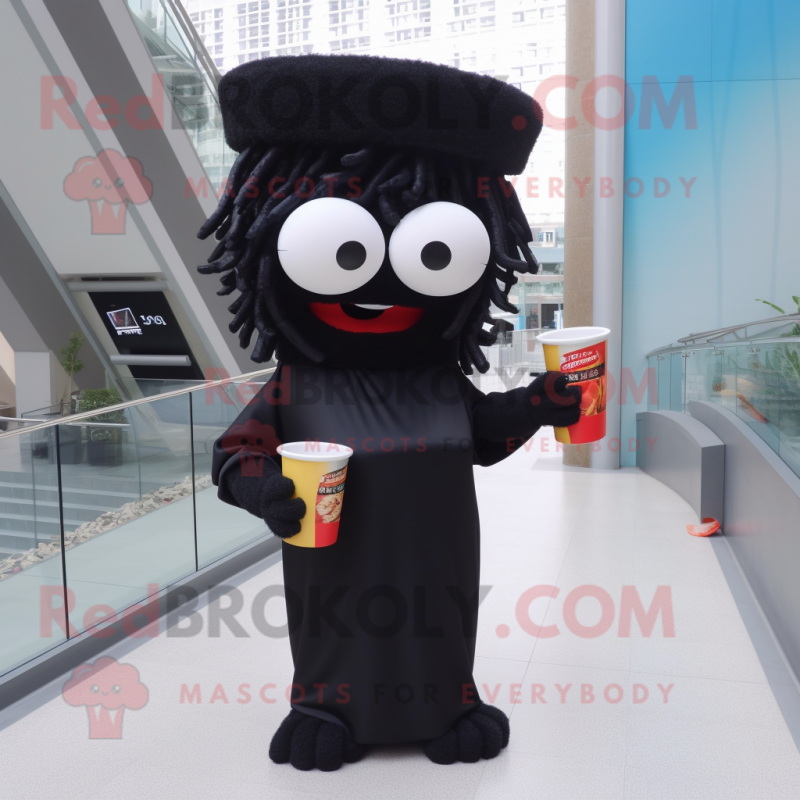 Black Ramen mascot costume character dressed with a Sheath Dress and Reading glasses Black Ramen mascot costume character dressed with a Sheath Dress and Reading glasses