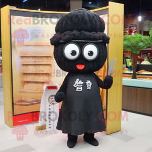 Black Ramen mascot costume character dressed with a Sheath Dress and Reading glasses