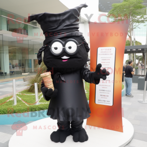 Black Ramen mascot costume character dressed with a Sheath Dress and Reading glasses