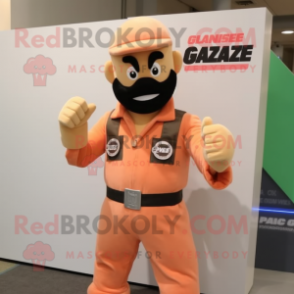 Peach Gi Joe mascot costume character dressed with a Overalls and Necklaces