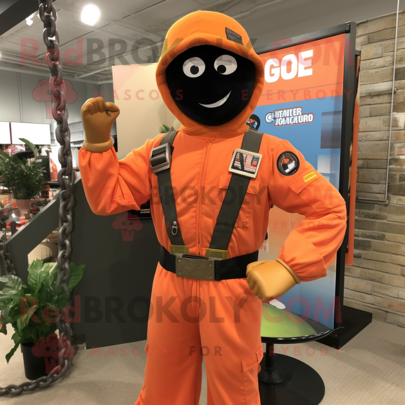 Peach Gi Joe mascot costume character dressed with a Overalls and Necklaces Peach Gi Joe mascot costume character dressed with a Overalls and Necklaces