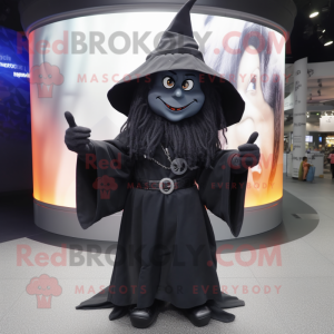 Black Witch mascot costume character dressed with a Sweatshirt and Belts