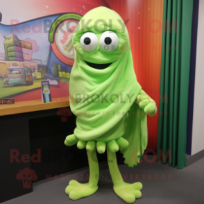 Lime Green Fried Calamari mascot costume character dressed with a Cardigan and Shawl pins