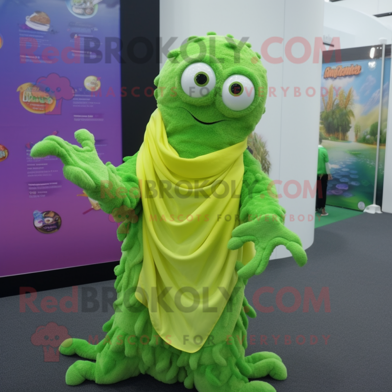 Lime Green Fried Calamari mascot costume character dressed with a Cardigan and Shawl pins