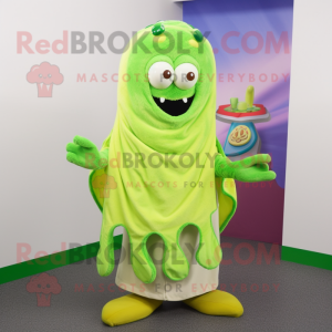 Lime Green Fried Calamari mascot costume character dressed with a Cardigan and Shawl pins