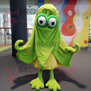 Lime Green Fried Calamari mascot costume character dressed with a Cardigan and Shawl pins