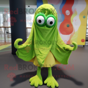 Lime Green Fried Calamari mascot costume character dressed with a Cardigan and Shawl pins