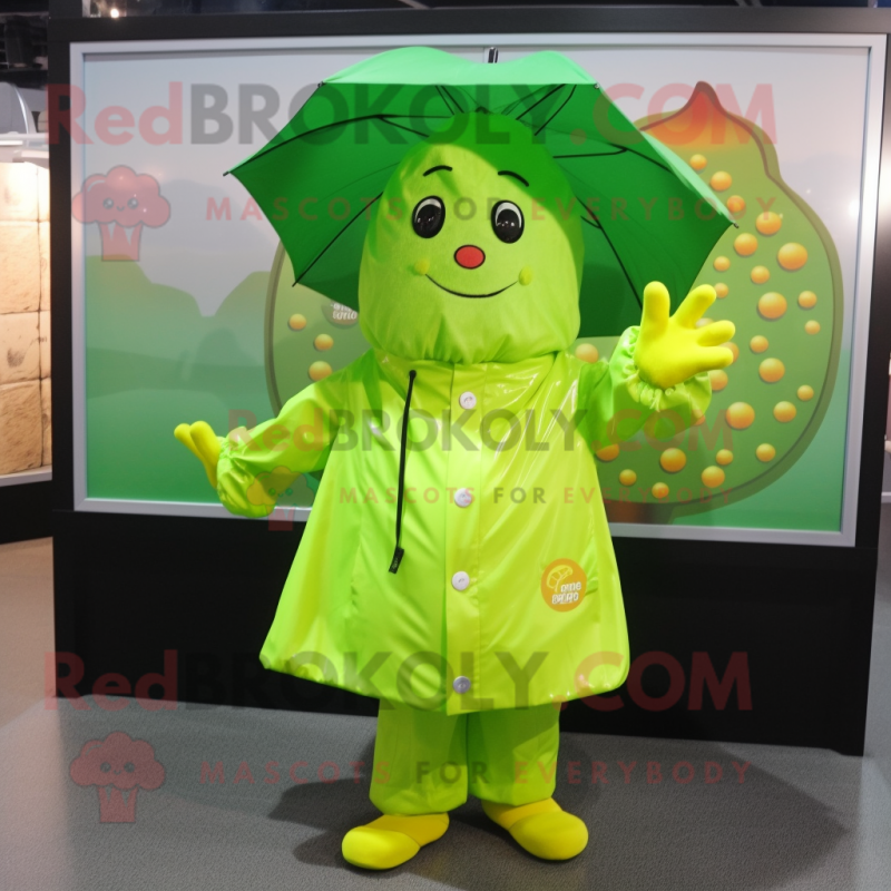 Lime Green Raspberry mascot costume character dressed with a Raincoat and Keychains Lime Green Raspberry mascot costume character dressed with a Raincoat and Keychains