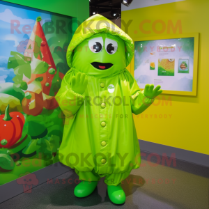 Lime Green Raspberry mascot costume character dressed with a Raincoat and Keychains