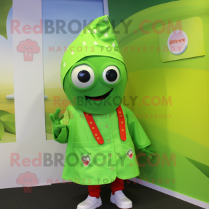 Lime Green Raspberry mascot costume character dressed with a Raincoat and Keychains
