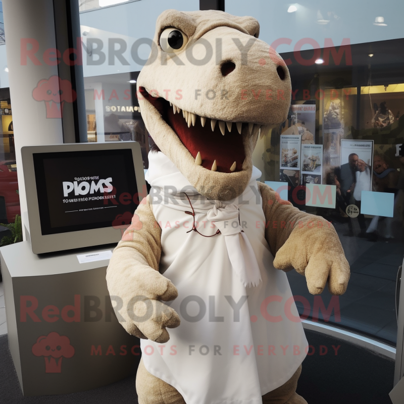 Cream T Rex mascot costume character dressed with a Shift Dress and Scarves