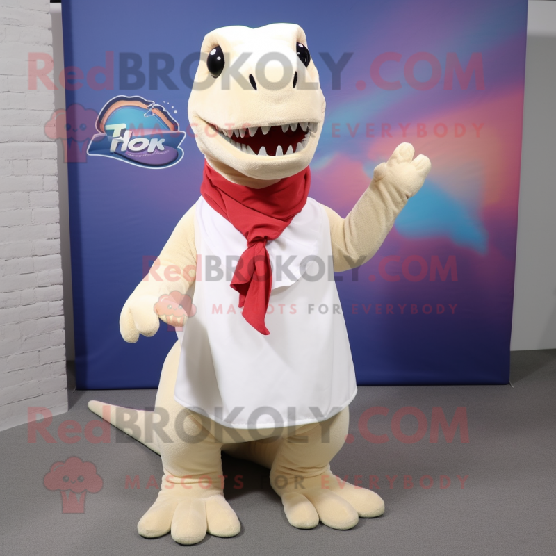 Cream T Rex mascot costume character dressed with a Shift Dress and Scarves Cream T Rex mascot costume character dressed with a Shift Dress and Scarves