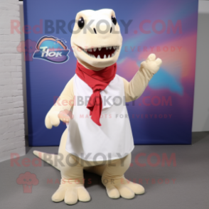 Cream T Rex mascot costume character dressed with a Shift Dress and Scarves