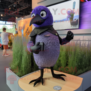 Lavender Blackbird mascot costume character dressed with a Bodysuit and Smartwatches