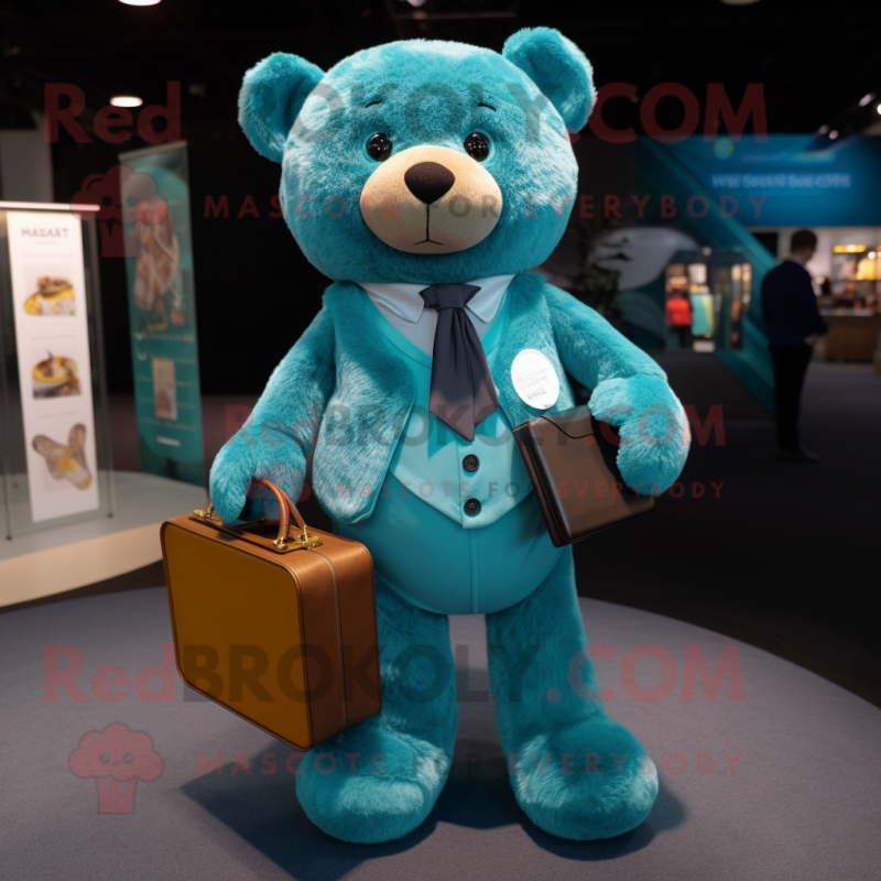 Teal Teddy Bear mascot costume character dressed with a Trousers and Coin purses Teal Teddy Bear mascot costume character dressed with a Trousers and Coin purses