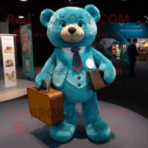 Teal Teddy Bear mascot costume character dressed with a Trousers and Coin purses