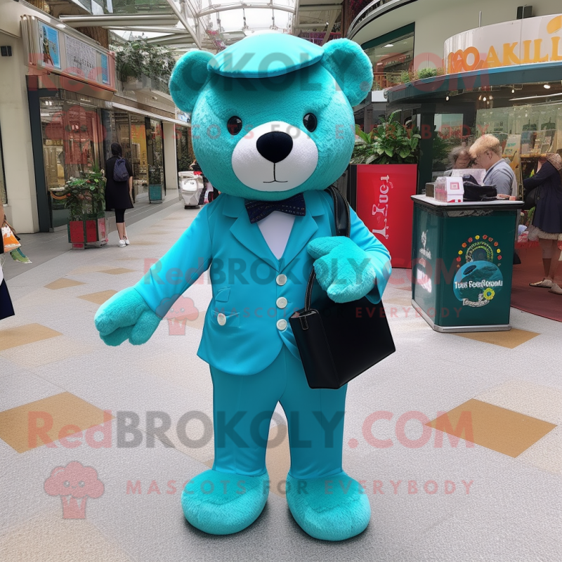 Teal Teddy Bear mascot costume character dressed with a Trousers and Coin purses Teal Teddy Bear mascot costume character dressed with a Trousers and Coin purses