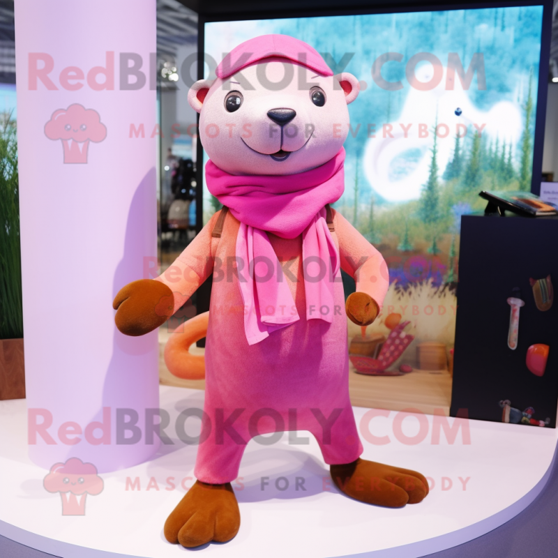 Pink Otter mascot costume character dressed with a Bootcut Jeans and Scarf clips