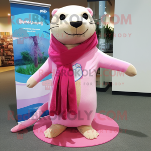 Pink Otter mascot costume character dressed with a Bootcut Jeans and Scarf clips