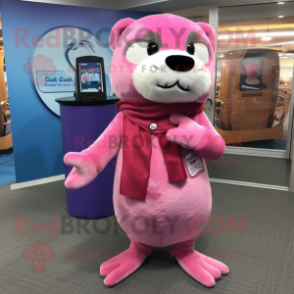 Pink Otter mascot costume character dressed with a Bootcut Jeans and Scarf clips