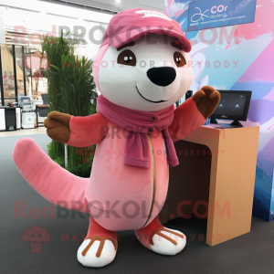 Pink Otter mascot costume character dressed with a Bootcut Jeans and Scarf clips