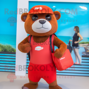 Red Otter mascot costume character dressed with a One-Piece Swimsuit and Messenger bags