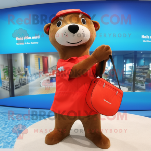 Red Otter mascot costume character dressed with a One-Piece Swimsuit and Messenger bags