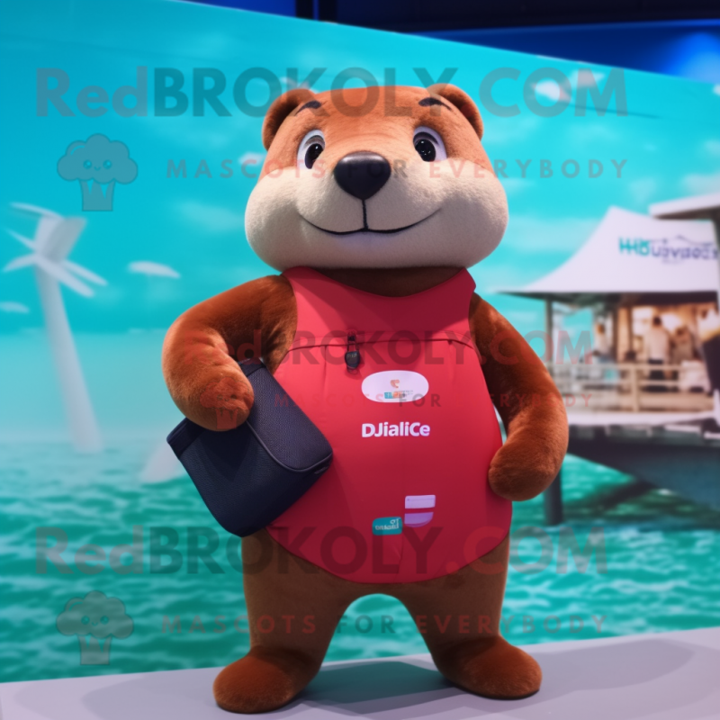 Red Otter mascot costume character dressed with a One-Piece Swimsuit and Messenger bags