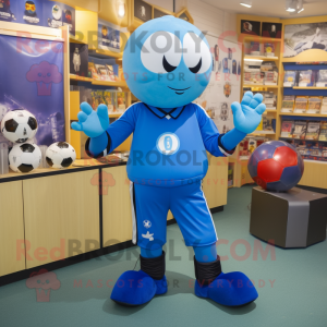 Blue Soccer Ball mascot costume character dressed with a Trousers and Belts