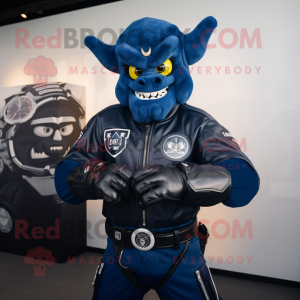 Navy Demon mascot costume character dressed with a Moto Jacket and Smartwatches