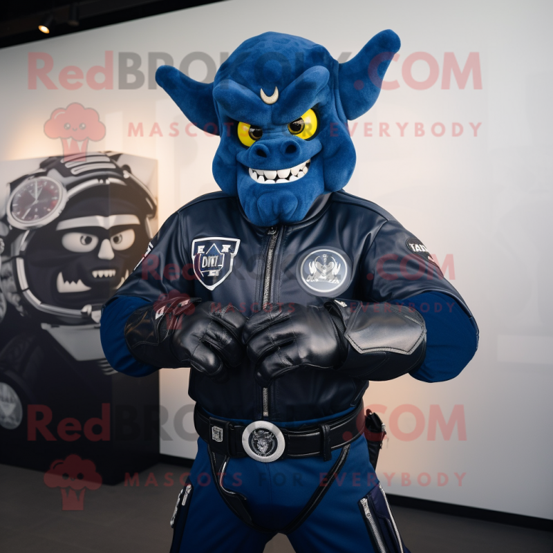 Navy Demon mascot costume character dressed with a Moto Jacket and Smartwatches Navy Demon mascot costume character dressed with a Moto Jacket and Smartwatches