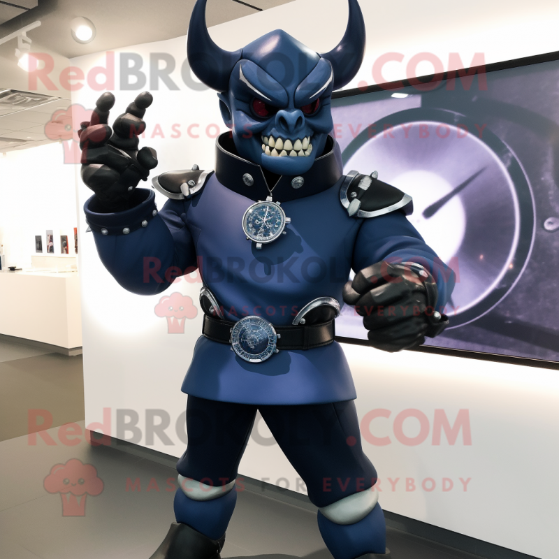 Navy Demon mascot costume character dressed with a Moto Jacket and Smartwatches Navy Demon mascot costume character dressed with a Moto Jacket and Smartwatches