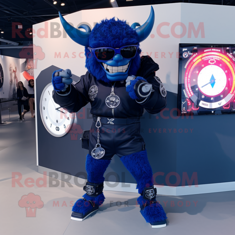 Navy Demon mascot costume character dressed with a Moto Jacket and Smartwatches Navy Demon mascot costume character dressed with a Moto Jacket and Smartwatches