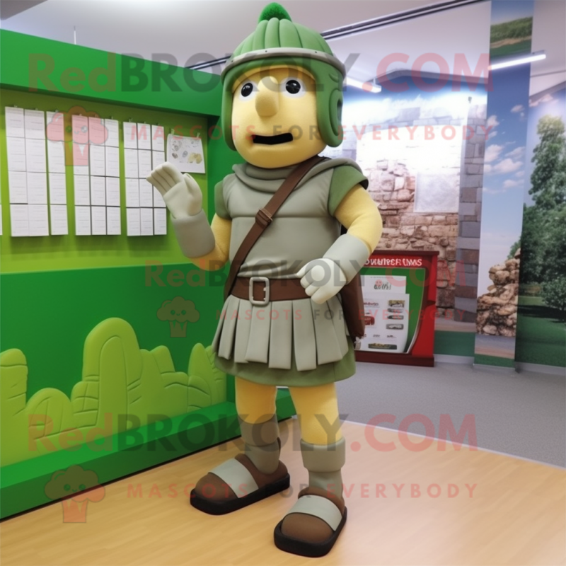 Olive Roman Soldier mascot costume character dressed with a Cargo Shorts and Shoe clips