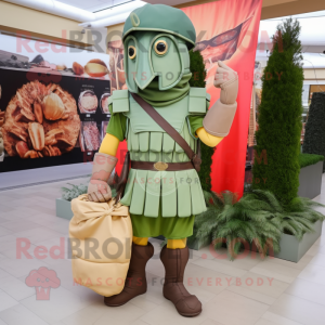Olive Roman Soldier mascot costume character dressed with a Cargo Shorts and Shoe clips