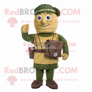 Olive Roman Soldier mascot costume character dressed with a Cargo Shorts and Shoe clips