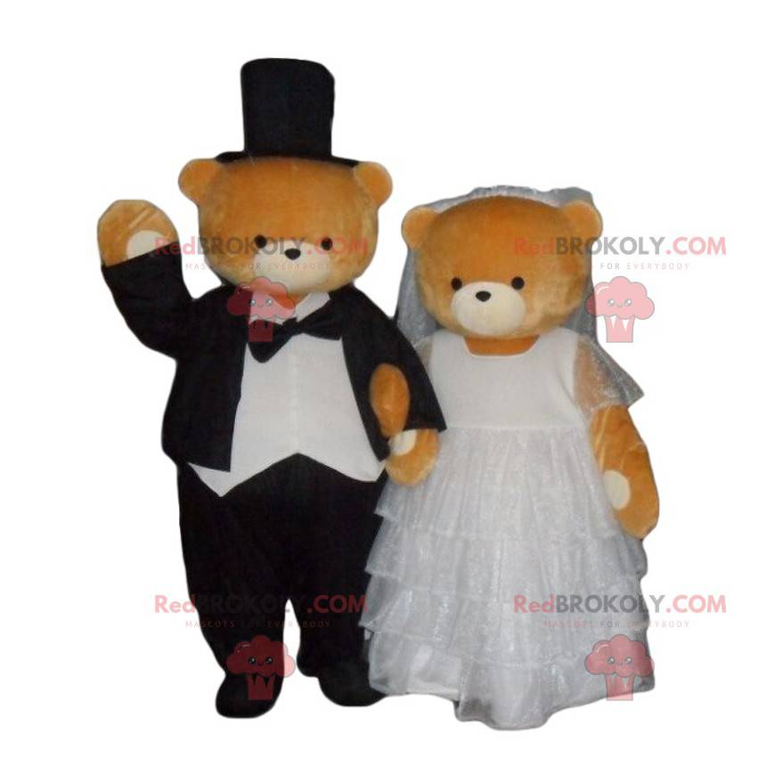 Mascote de urso de pelúcia casado, fantasia de marido e mulher