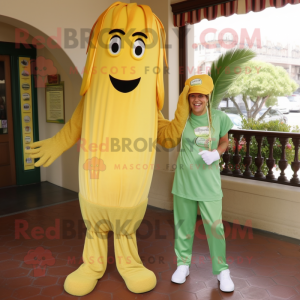 Gold Celery mascot costume character dressed with a Capri Pants and Watches