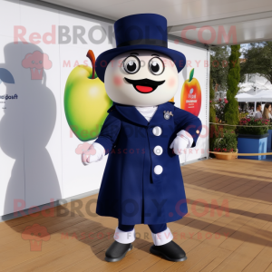 Navy Apple mascot costume character dressed with a Coat and Smartwatches