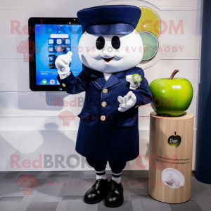 Navy Apple mascot costume character dressed with a Coat and Smartwatches