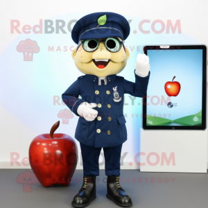 Navy Apple mascot costume character dressed with a Coat and Smartwatches