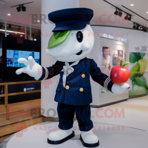 Navy Apple mascot costume character dressed with a Coat and Smartwatches