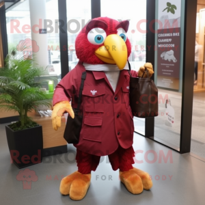 Maroon Parrot mascot costume character dressed with a Raincoat and Briefcases