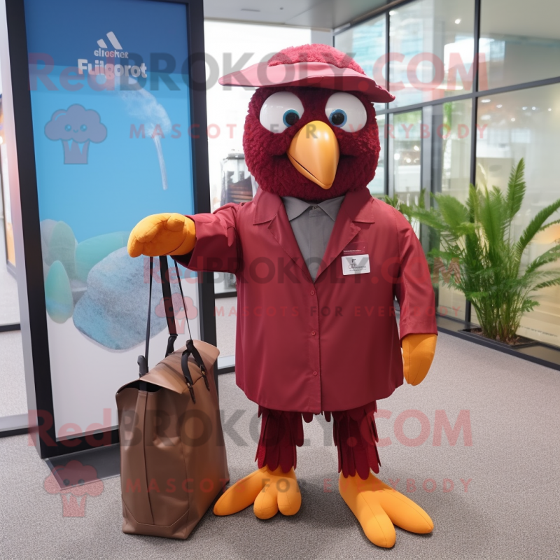Maroon Parrot mascot costume character dressed with a Raincoat and Briefcases Maroon Parrot mascot costume character dressed with a Raincoat and Briefcases
